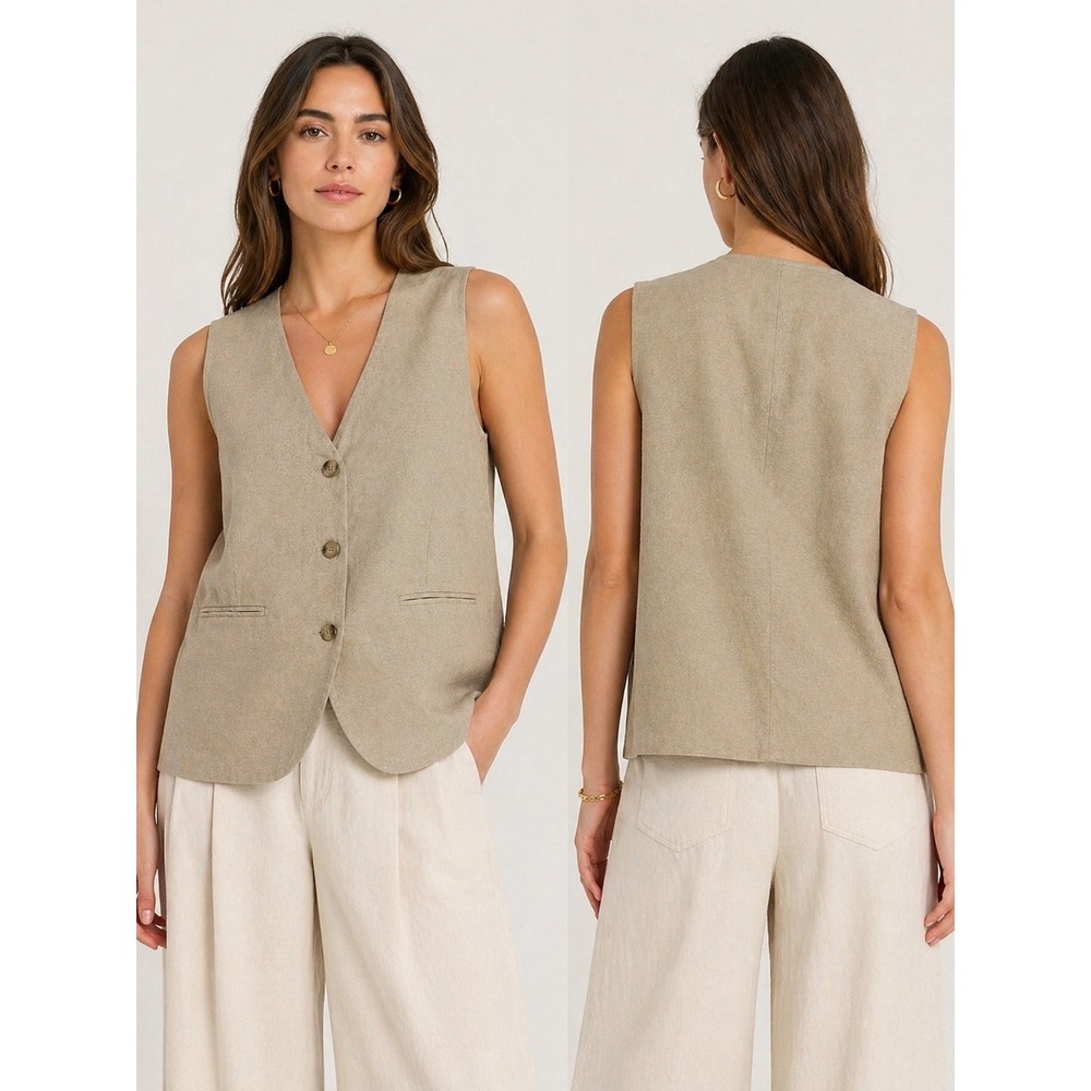 MOD REF Tan Linen Blend Tailored V-Neck Button Front Vest Waistcoat Small Womens